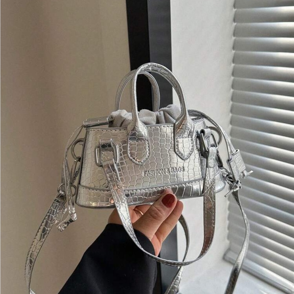 Mini Silver Crocodile Pattern Handbag - image 1